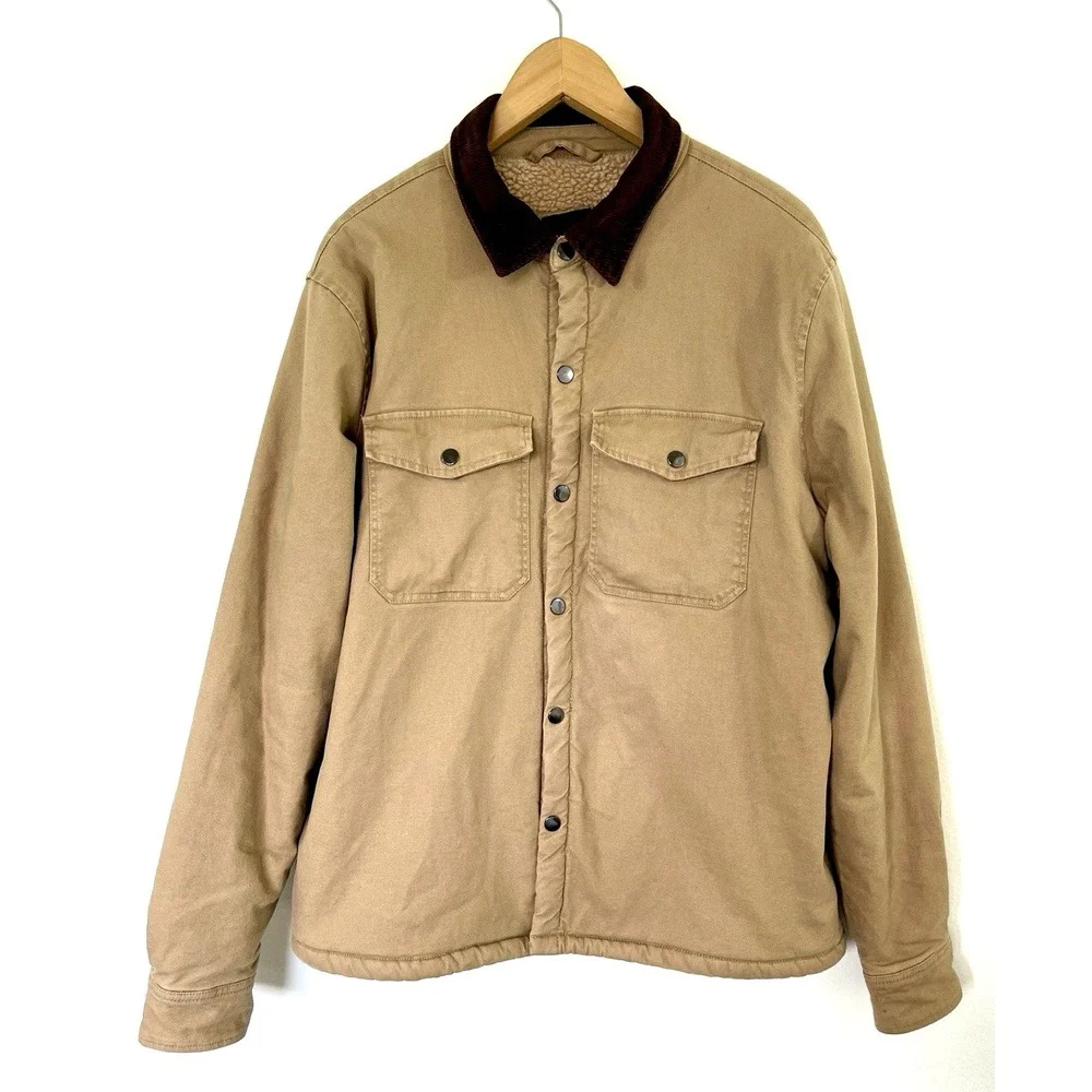 Mens Sherpa Lined Canvas Jacket Size L Corduroy Collar Country Barn Chore - Picture 1 of 9